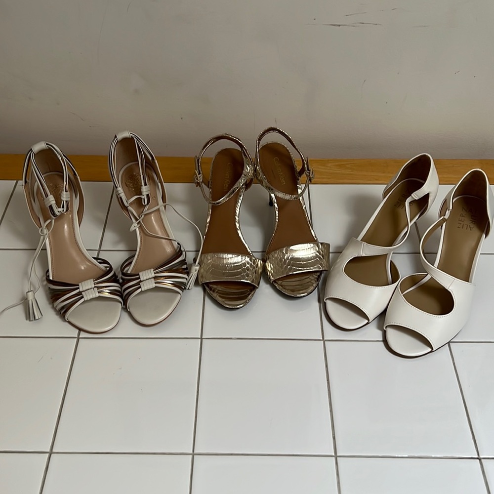 $425 - NEW 3 pack Summer/Going out/Dressed up Sandals/Pumps.  White and Silver.